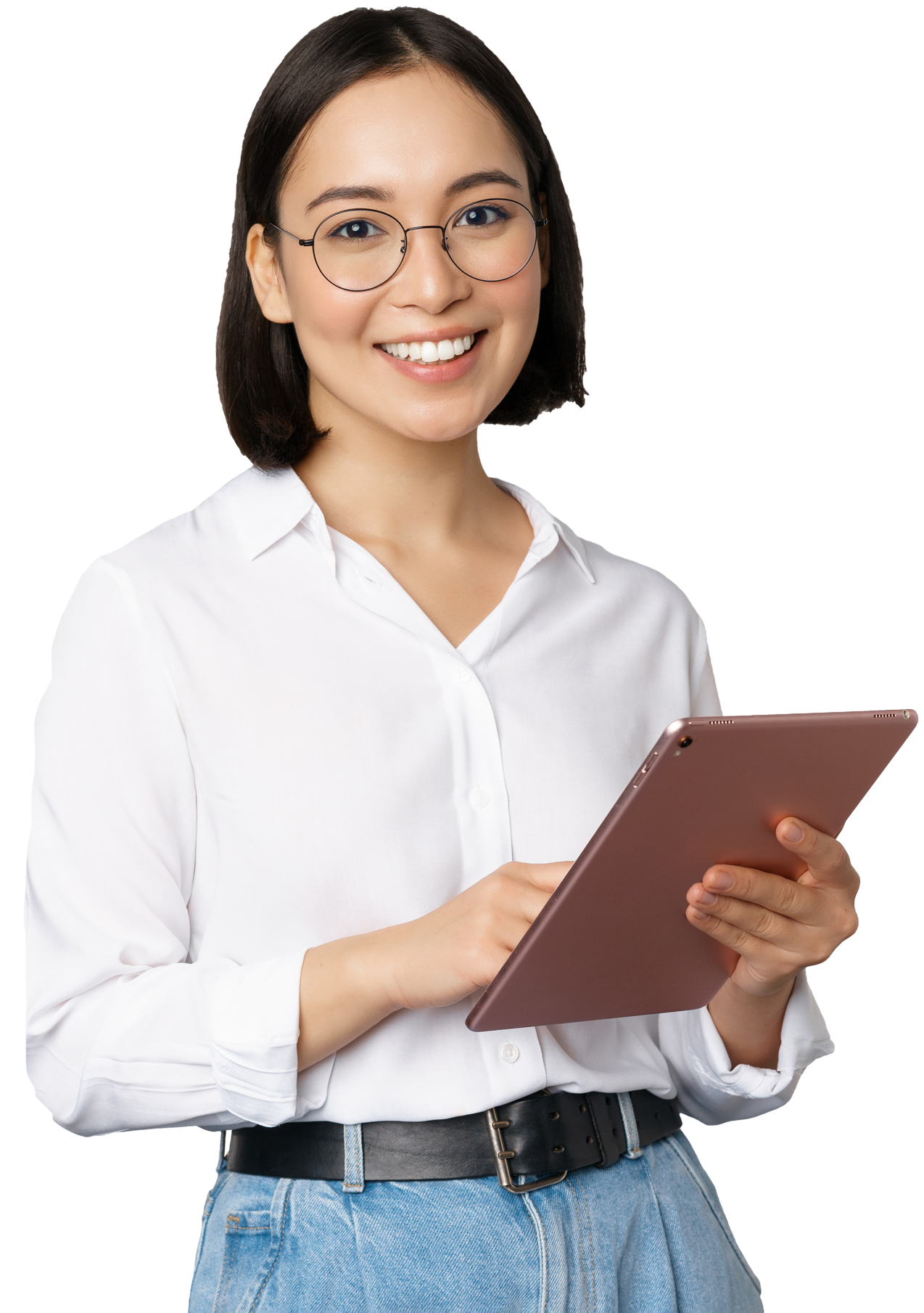 young woman in business casual wear using an ipad