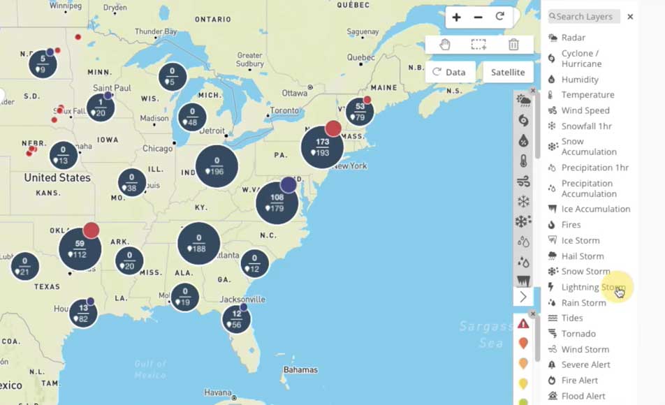 standard map of the eastern seaboard in the United States within the servicechannel weather module