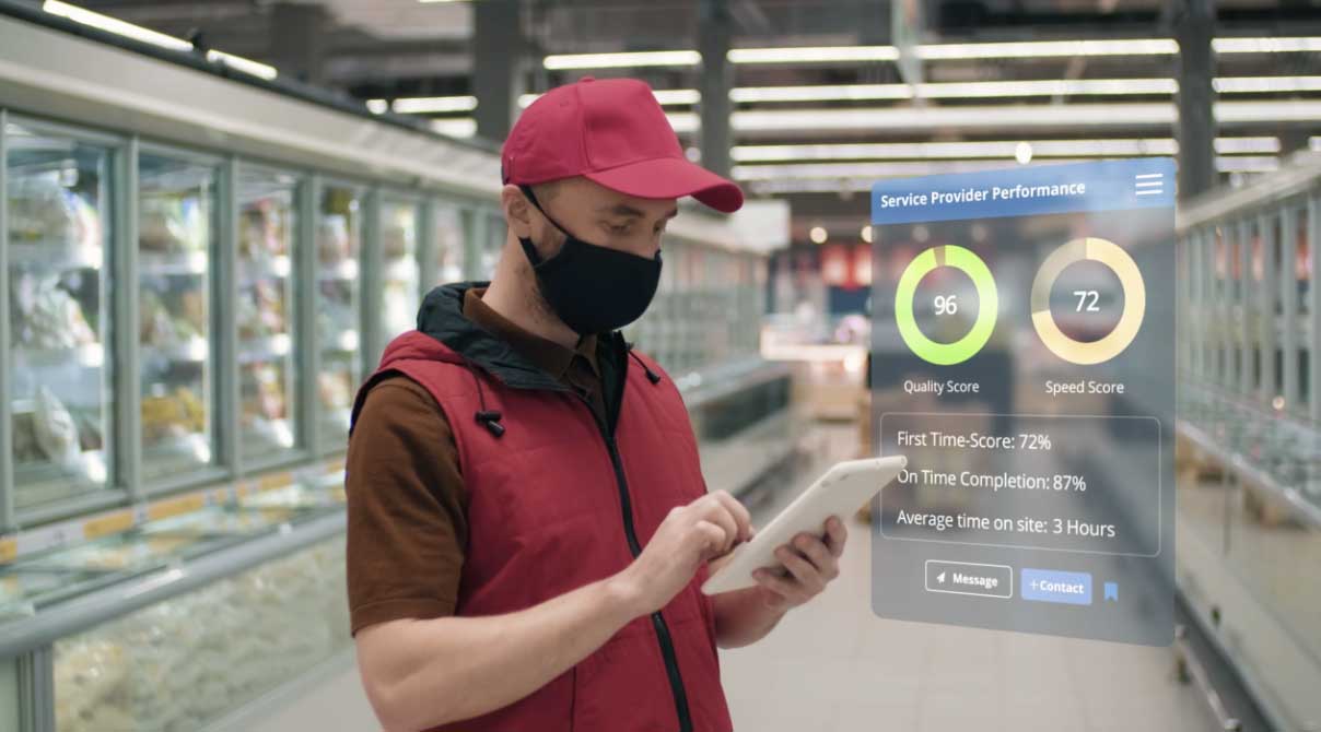 Service Provider professional rating the performance of a technician on-site using the app on a tablet