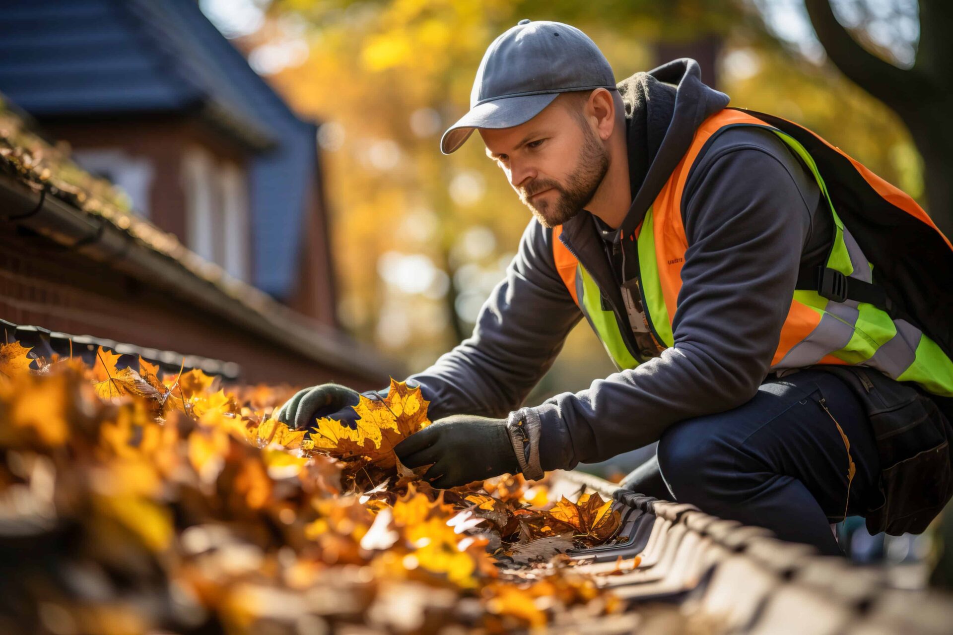 maintenance worker cleaning leaves blocking the roof drainage