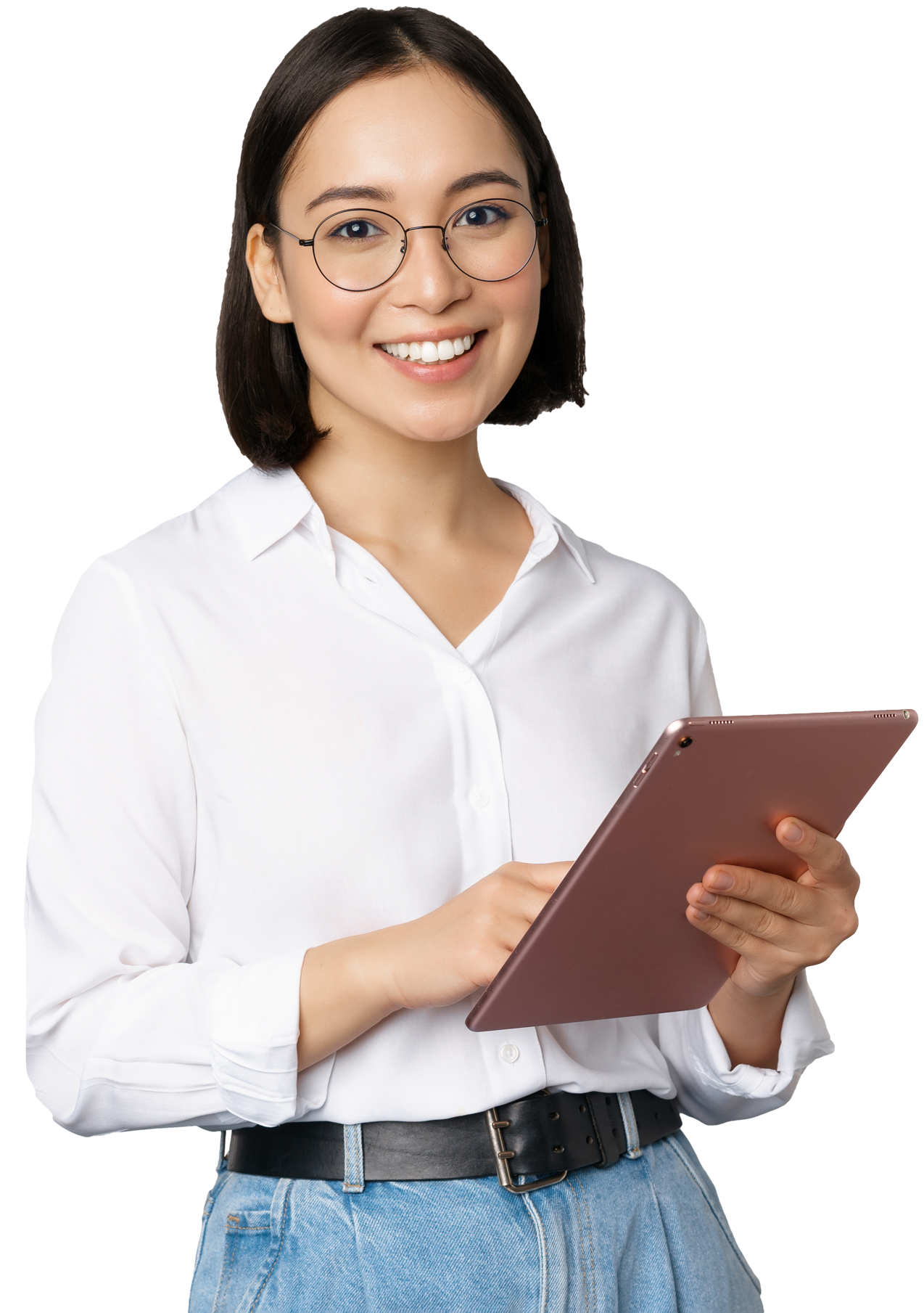 young woman in business casual wear using an ipad