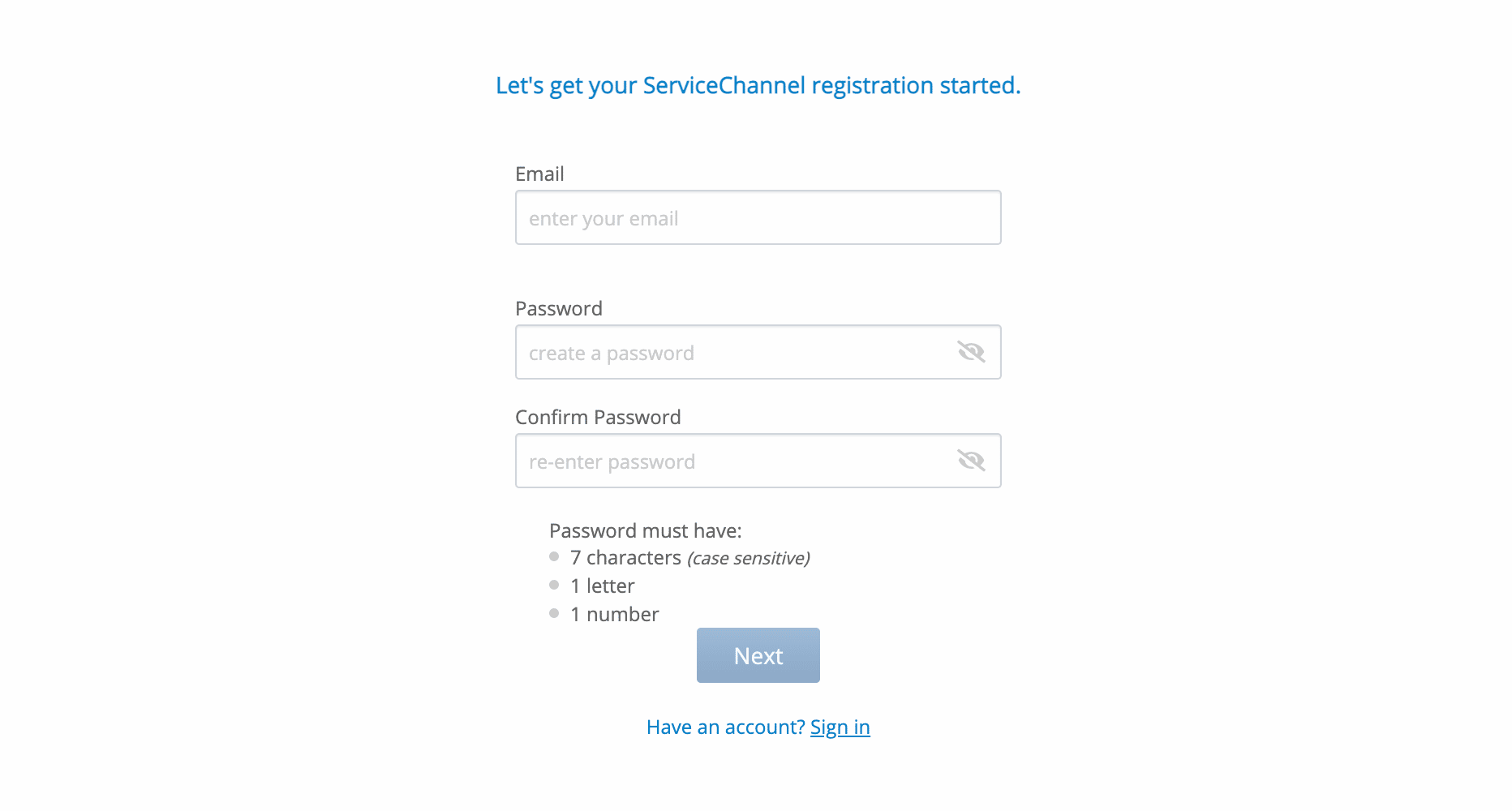servicechannel account registration starting screen within platform