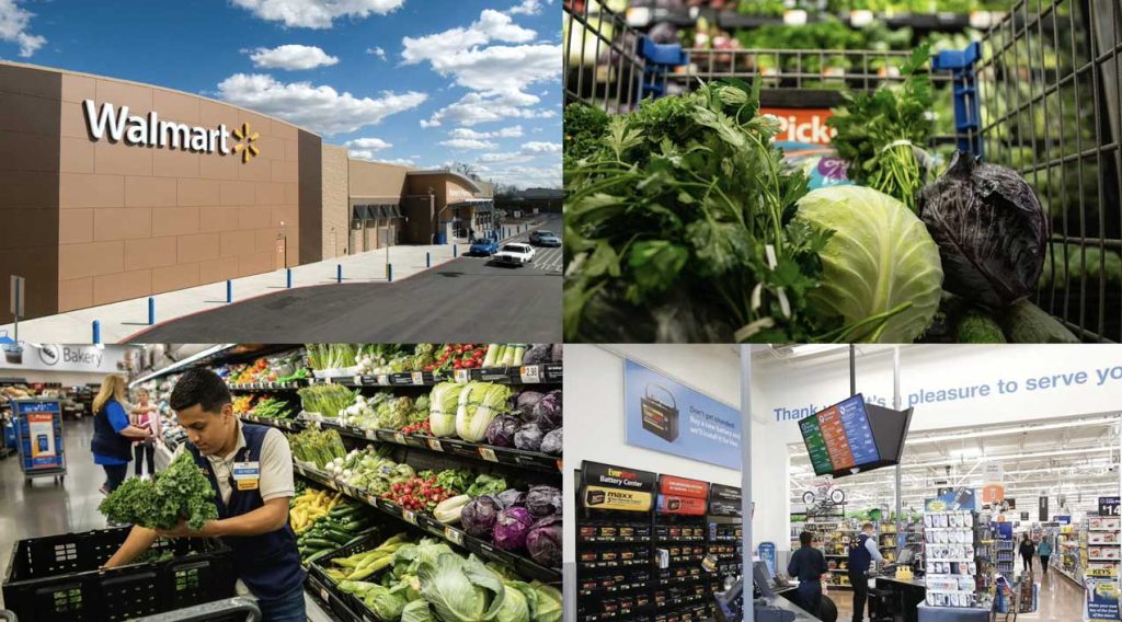 a collage featuring walmart's storefront, produce section, entryway, and a grocery cart filled with cabbage and cilantro