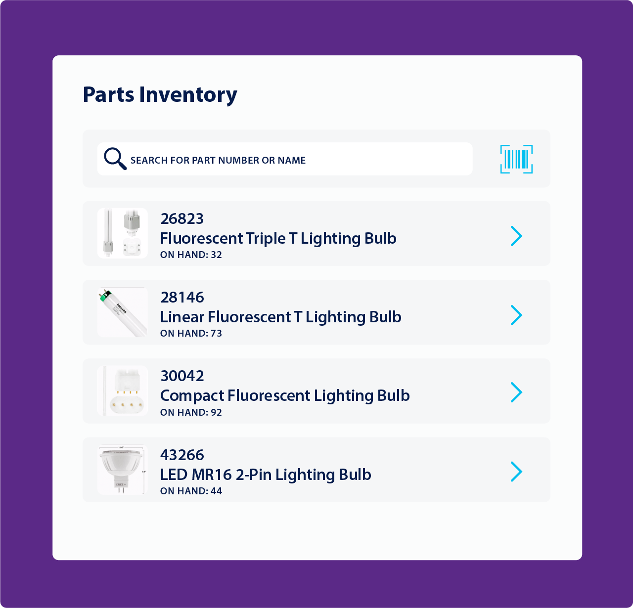 Parts Inventory manager panel within software platform