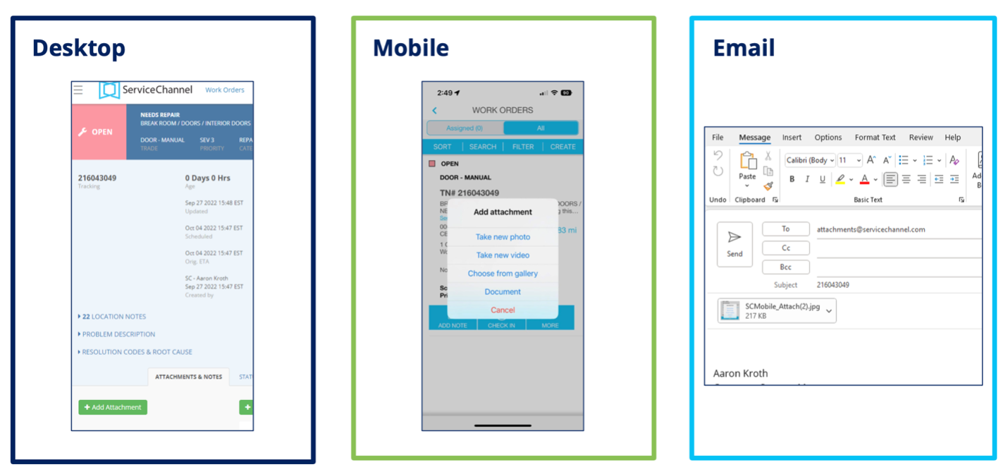 screenshots of software platform on desktop, mobile and email demonstrating how a user can upload a photo or screenshot for reporting