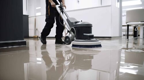 commercial building maintenance by cleaning and buffing interior floors