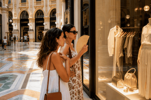 Two people fanning themselves and window shopping at a retail store in a heatwave.